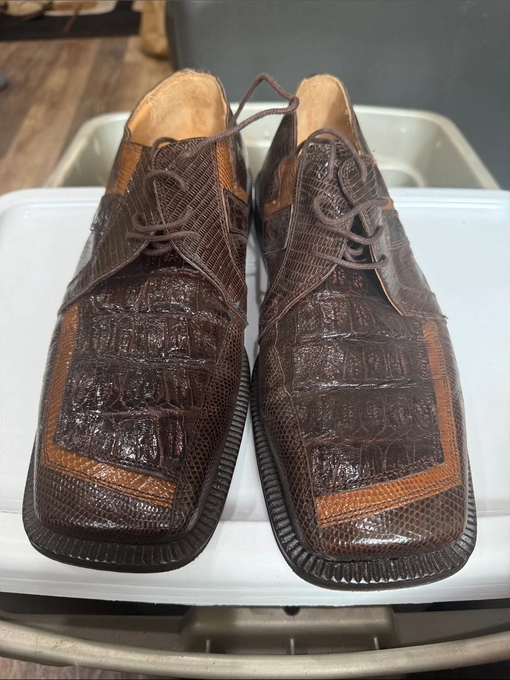Brown Croc-Texture Lace-Up Derbys - Men's Dress Shoes